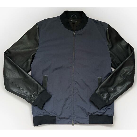 Theory Men’s Navy Nylon/Black Lamb Leather Sleeve Jacket Bomber RN#98406, Size L - Picture 1 of 11